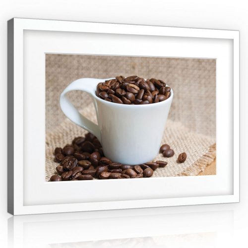 Vászonkép, Kávészemek és csésze, 100x75 cm méretben